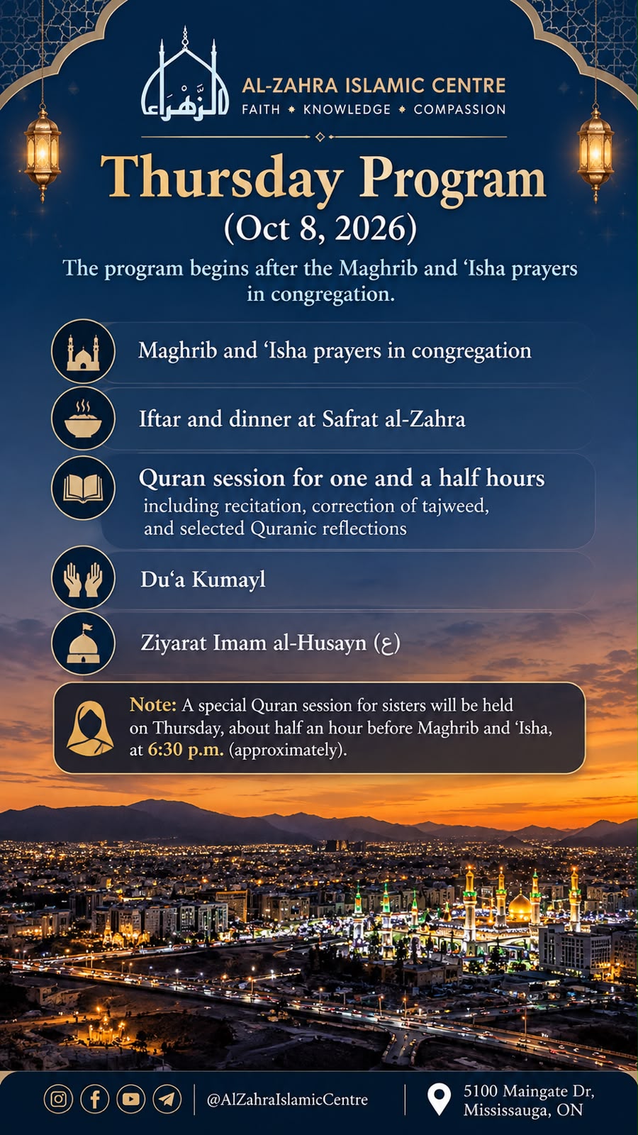 Thursday Program, October 8, 2026 at Al-Zahra Islamic Centre (English)
